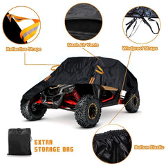 Macosy UTV X3 cover being pulled up easily over the vehicle front.