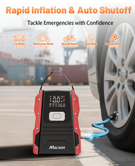 Macson 5000A jump starter air compressor hose connected for on-site inflation.