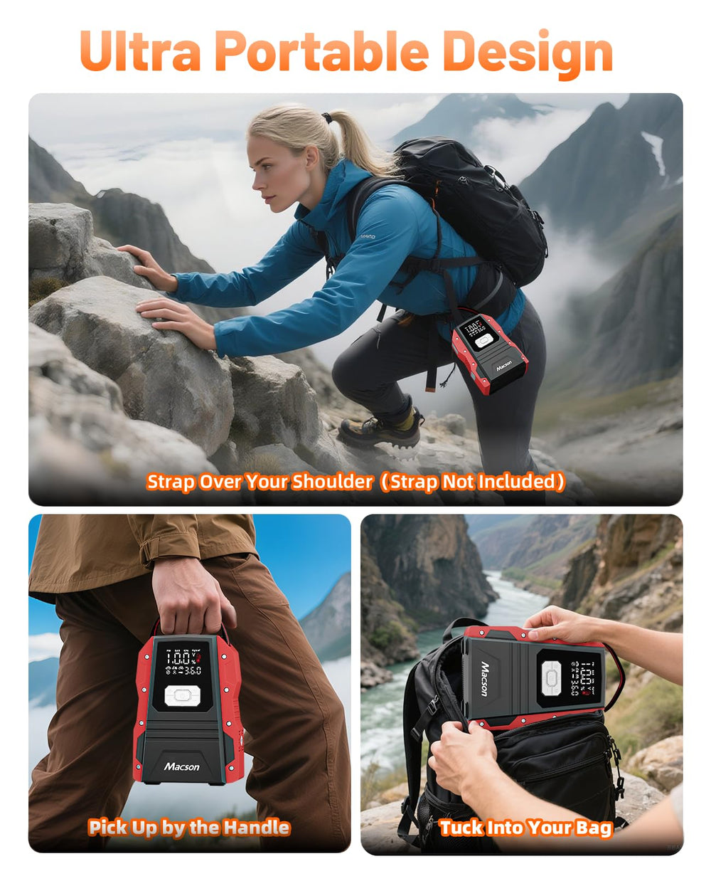 Macson 5000A compact storage bag with jump starter and accessories.