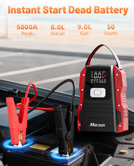 Macson 5000A jump starter with digital display showing live voltage and status.