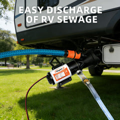 Magam RV macerator pump in use with discharge hose, showcasing long dump range for flexible waste disposal.