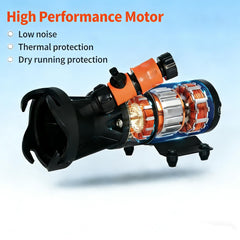Magam RV macerator pump garden hose discharge port shown for easy cleanups and quick rinses.