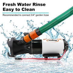 Magam RV macerator with water rinse connector for residue removal.