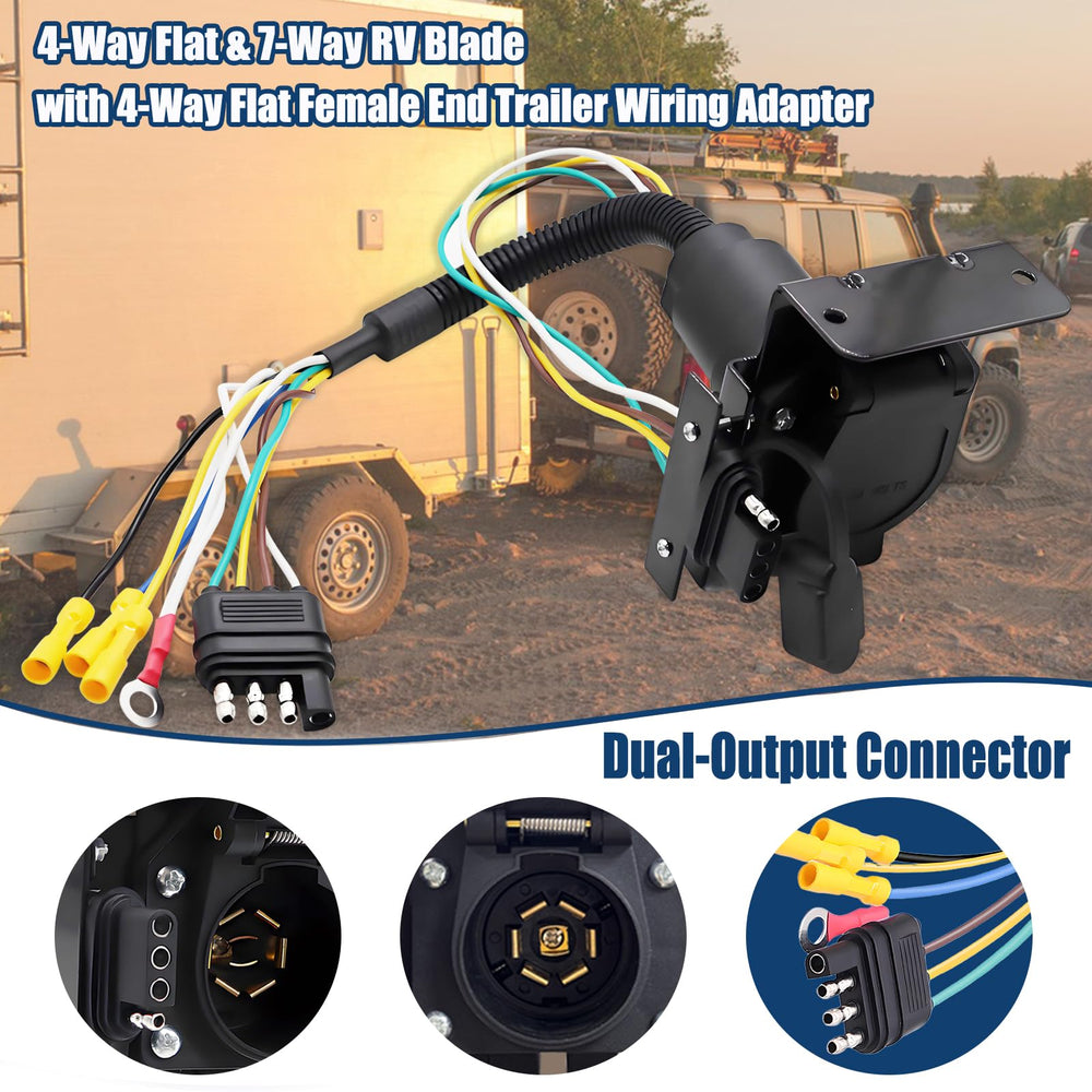 Maierke vehicle-side 4-flat to trailer-7-pin converter showing dual-output compatibility.