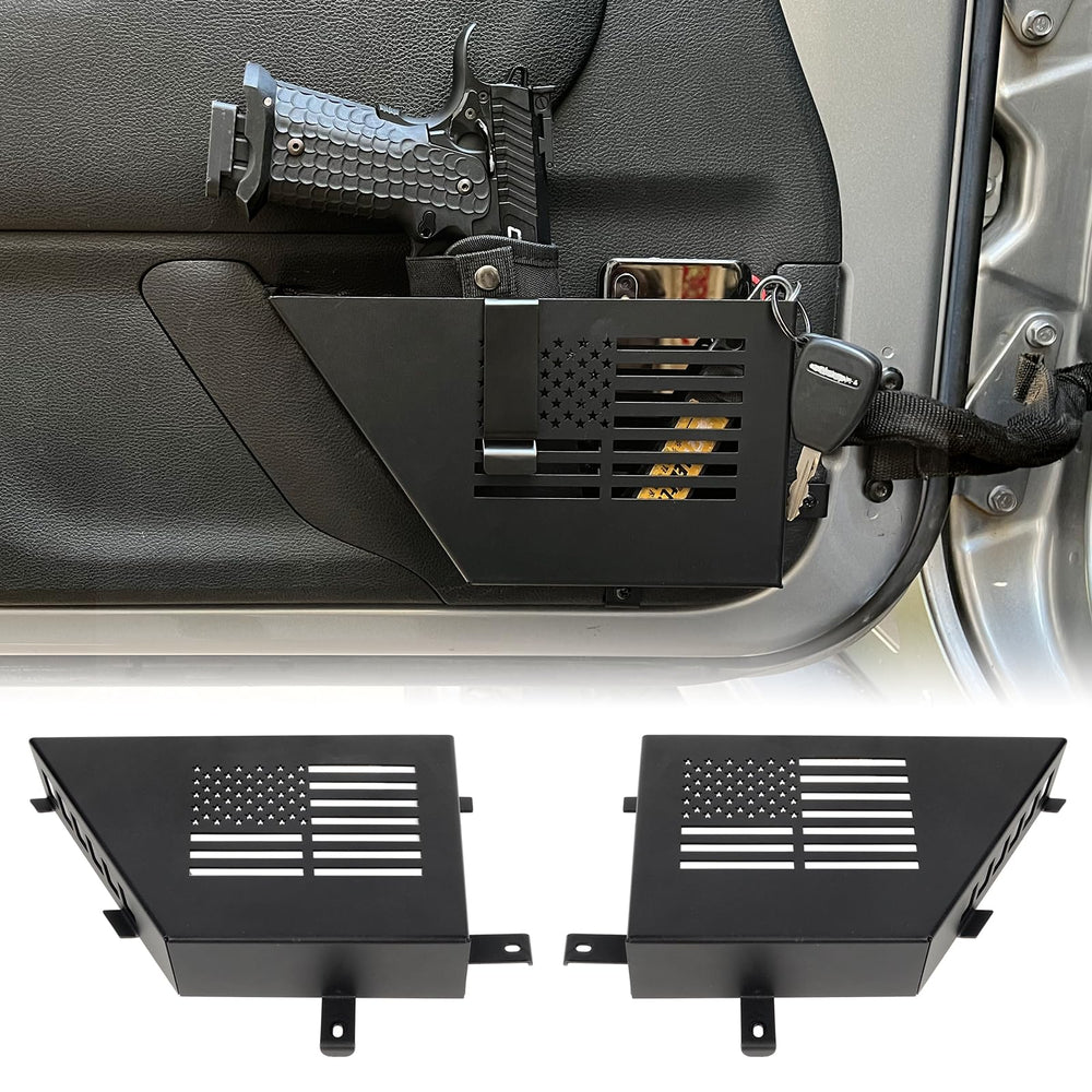 MAIKER metal front door storage box installation on Jeep Wrangler JK enhances cargo organization.