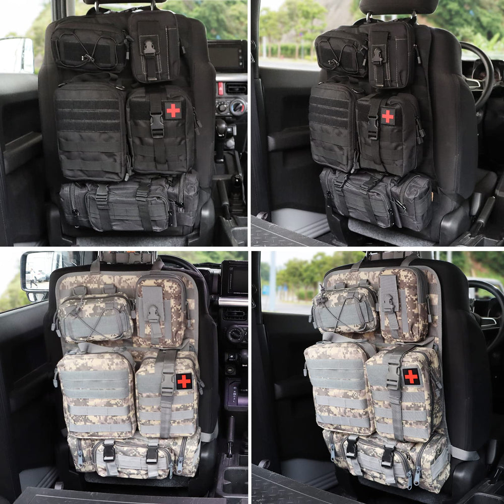 MAIKER OFF ROAD seat-back organizer buckle and velcro for flexible pouch setup.