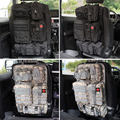 MAIKER OFF ROAD seat-back organizer buckle and velcro for flexible pouch setup.