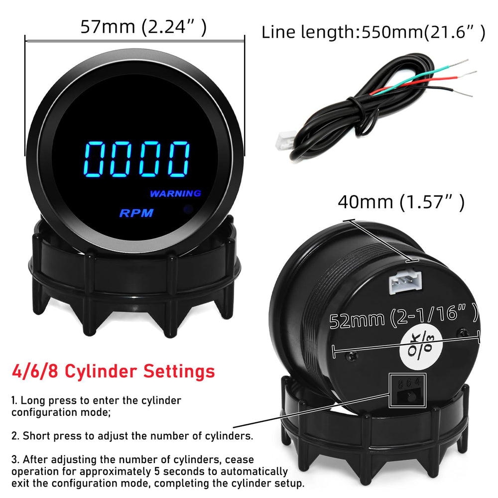 MAIMEIMI tachometer front view show blue display and compact size.
