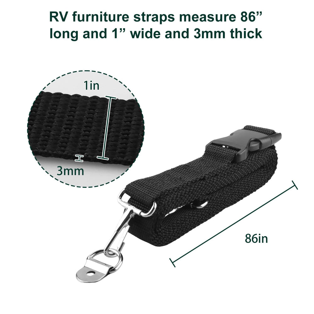 Malae RV TV strap with D-ring and hooks for anti-tip stability.