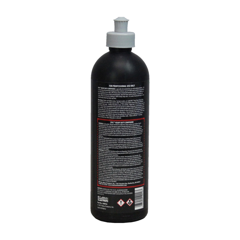 Close-up of Malco Epic label showing all-in-one polish capability
