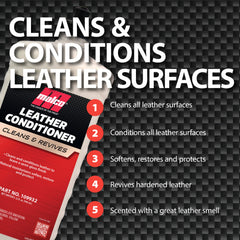 Malco conditioner on back seat illustrating renewed leather texture