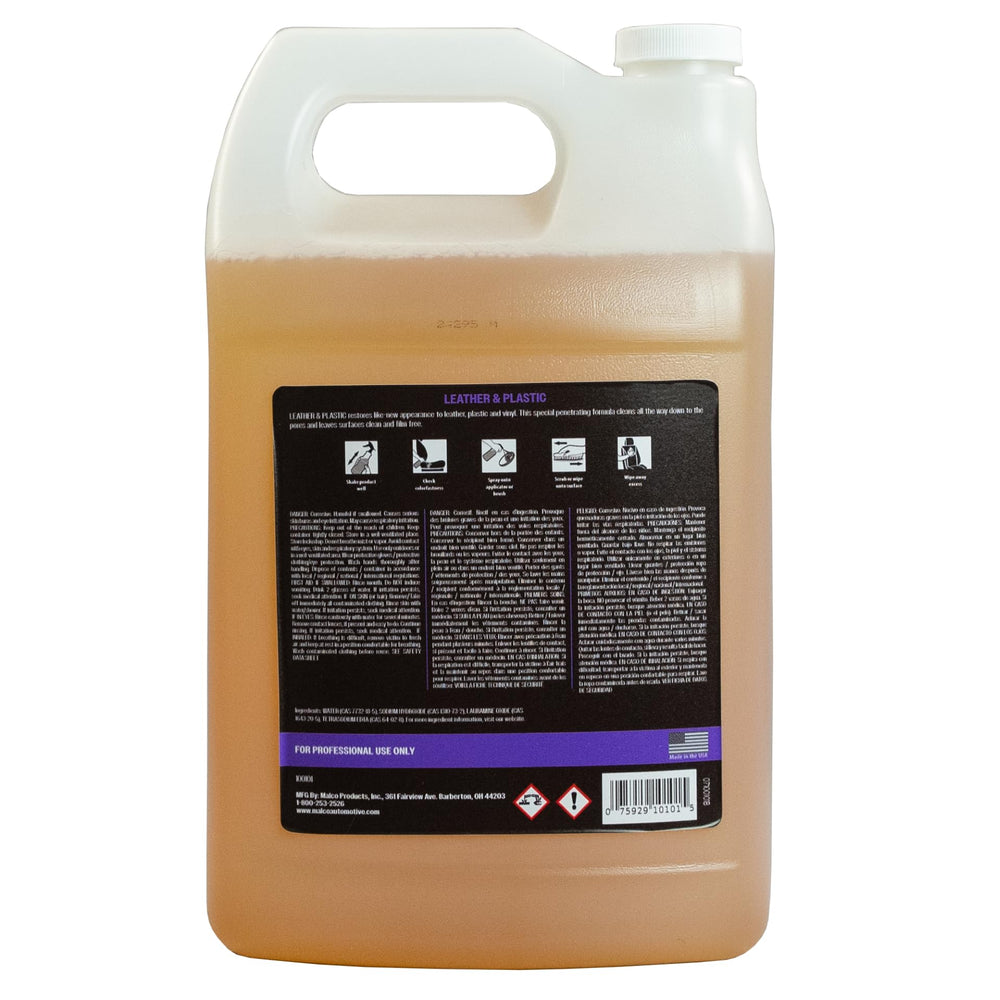 Malco Leather and Plastic Cleaner 1-gallon bottle supports thorough car detailing.
