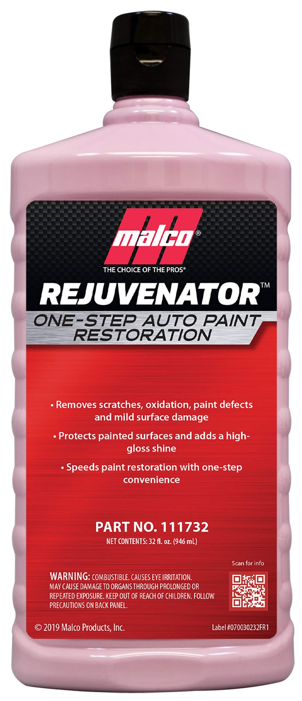 Malco Paint Rejuvenator bottle close-up with applicator pad for easy gloss restoration.