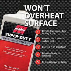 Vehicle surface with a high-gloss finish after using Malco Heavy Cut.