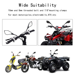 Mamiko wide compatibility rear-view mirrors fit motorcycles, ATVs, scooters.