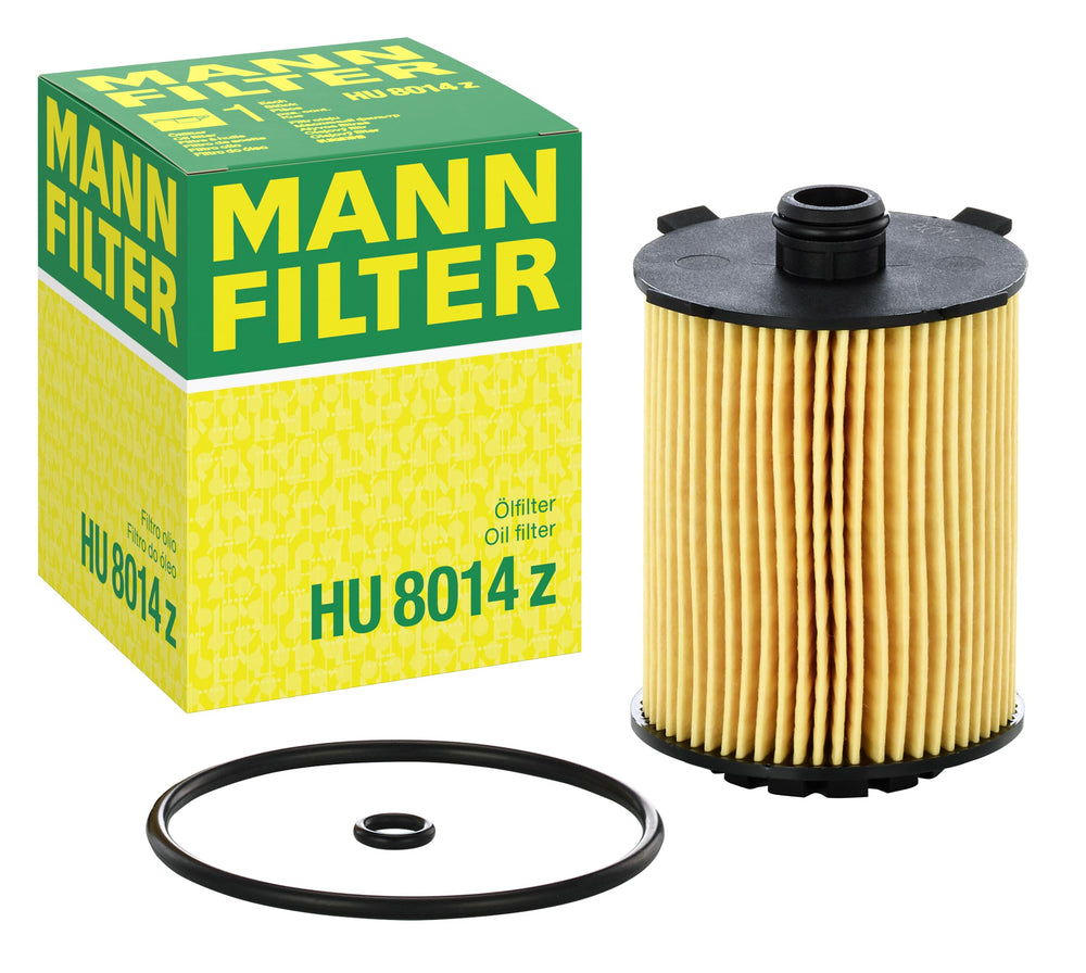 MANN-FILTER HU 8014Z oil filter cartridge close-up with end caps for a reliable seal.