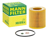 Mann Filter HU 816x cartridge oil filter for BMW engines, metal-free construction for easier disposal.