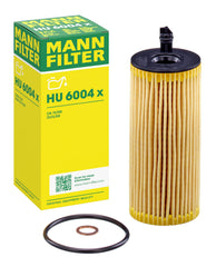 MANN-FILTER HU 6004 x oil filter front view showing high dirt-holding capacity for BMW engines.