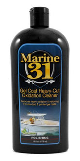 Marine 31 Heavy-Cut Gel Coat Oxidation Cleaner bottle showing product and label benefits
