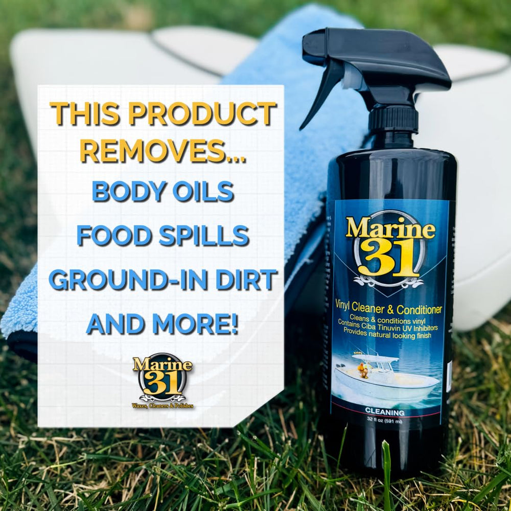Marine 31 Vinyl Cleaner & Conditioner bottle with UV protection label highlighting sun defense