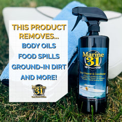 Marine 31 Vinyl Cleaner & Conditioner bottle with UV protection label highlighting sun defense