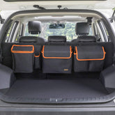 MARKSIGN Deluxe trunk organizer installed behind the backseat for quick access.