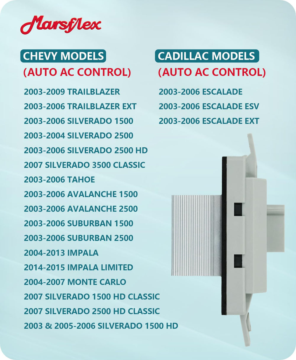 Marsflex blower resistor pin layout detail supports accurate replacement and fan control.