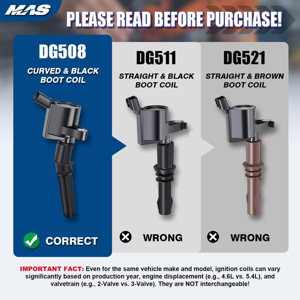 MAS ignition coil DG508 side view highlighting durable construction for reliability