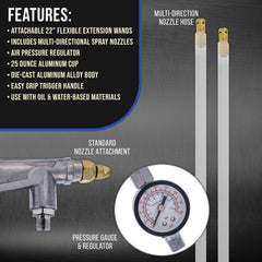 Regulator gauge enables precise air pressure for varying coatings.