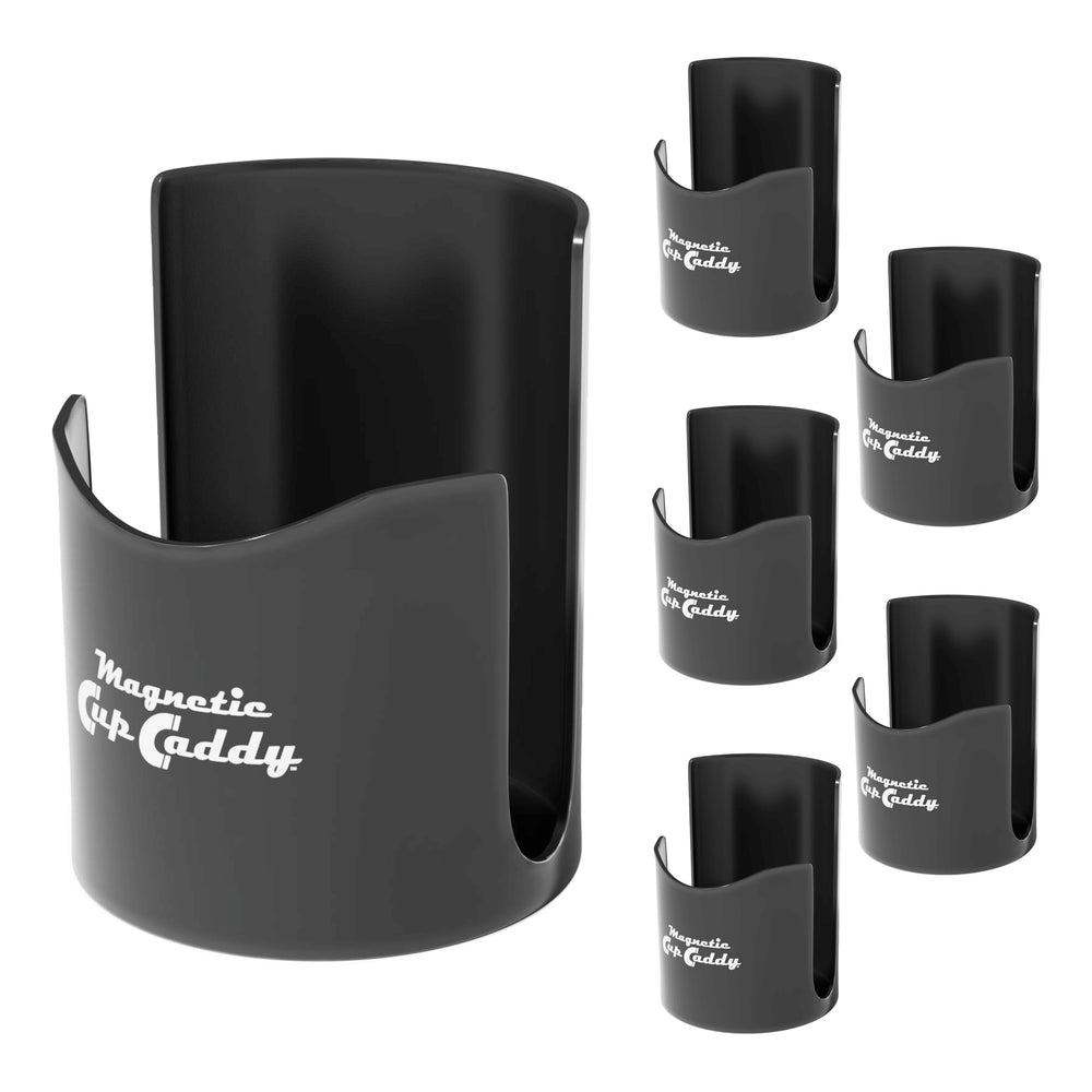 Master Magnetics magnetic cup caddy holding an insulated mug on a metal surface for easy access.