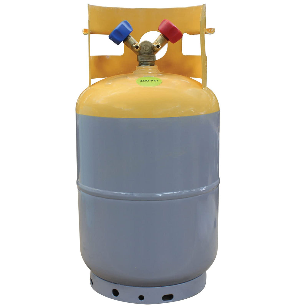 Mastercool 62010 front view of yellow-gray recovery cylinder