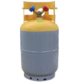 Mastercool 62010 front view of yellow-gray recovery cylinder