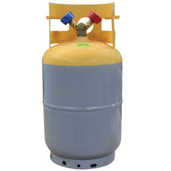 Mastercool 62010 front view of yellow-gray recovery cylinder