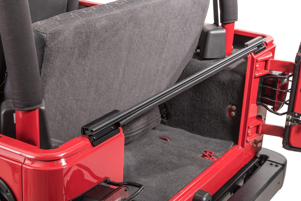MasterTop tailgate bar for Wrangler YJ/TJ shows precise fit and rugged metal construction.