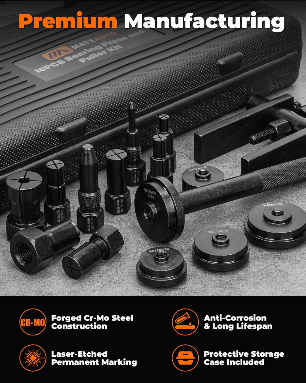 Durable carbon steel construction of MateAuto tools for tough jobs.