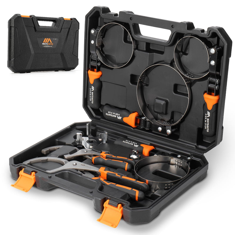 MateAuto oil filter wrench set with four sizes and swiveling heads for versatile removal.