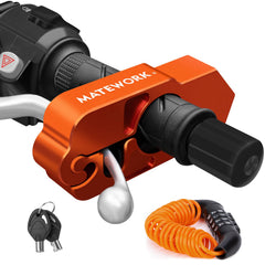 Matework motorcycle lock front view showing rugged security and orange color