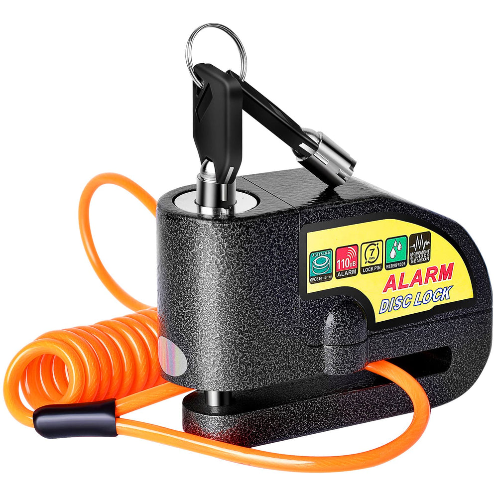Mathtoxyz motorcycle alarm disc lock front view, rugged protection for outdoor parking.