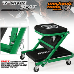 M-AUTO green Z creeper blends with workshop tools.