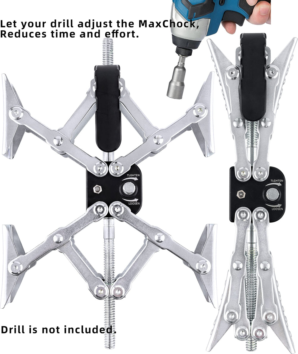 Maxchock X-Shaped stabilizer being drill-adjusted with included bit for quick setup.