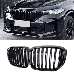 MAXDOM X5 G05 LCI gloss black single-slat grille front close-up for premium look.
