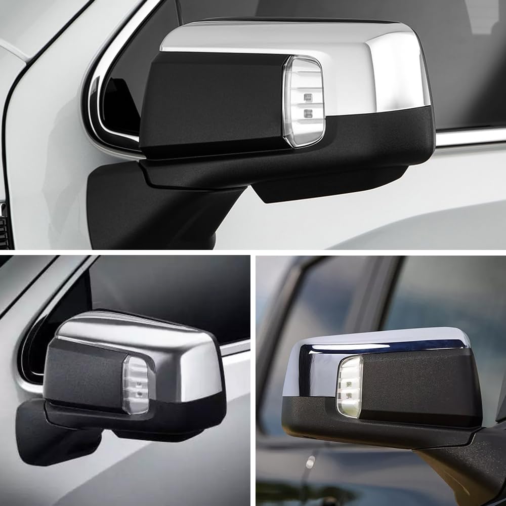MAXDOM passenger-side mirror cap in chrome highlights luxury aesthetics.