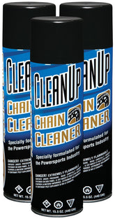 Maxima Clean Up aerosol can, front view, cleans chains without harming O-rings.