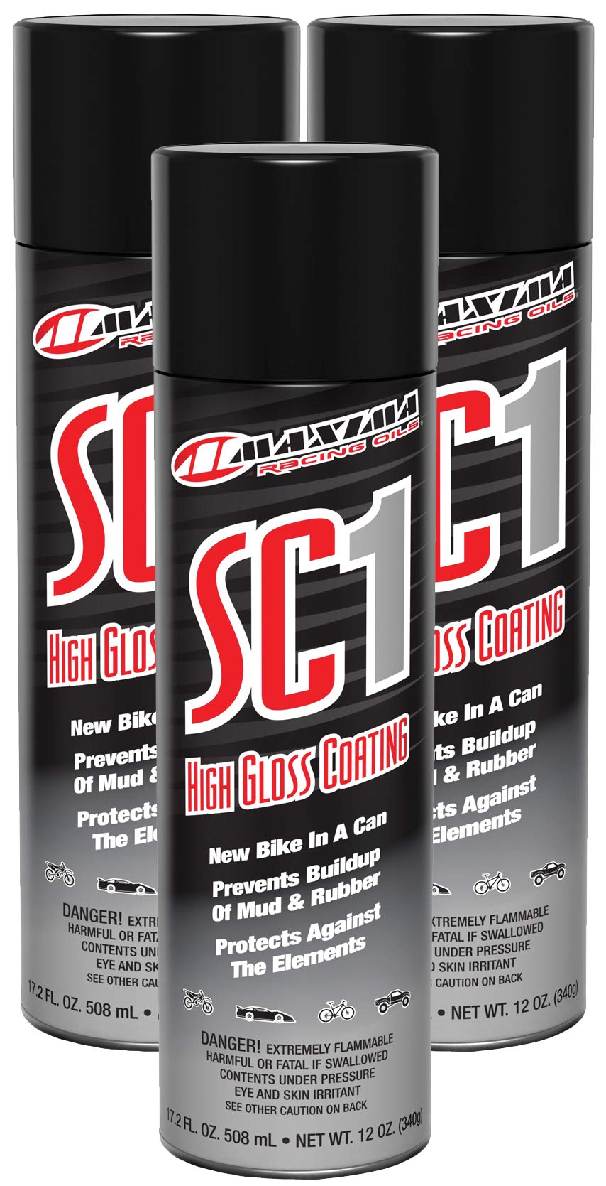Maxima SC1 3-pack aerosol cans for high gloss coating on powersports surfaces.