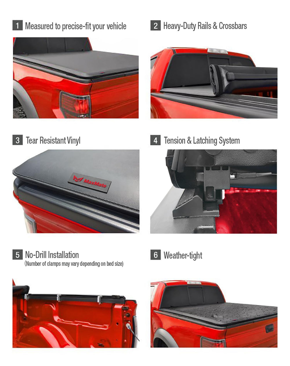 MaxMate roll-up cover stowed flat over the bed for full access.