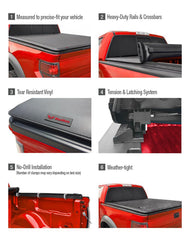 MaxMate roll-up cover stowed flat over the bed for full access.
