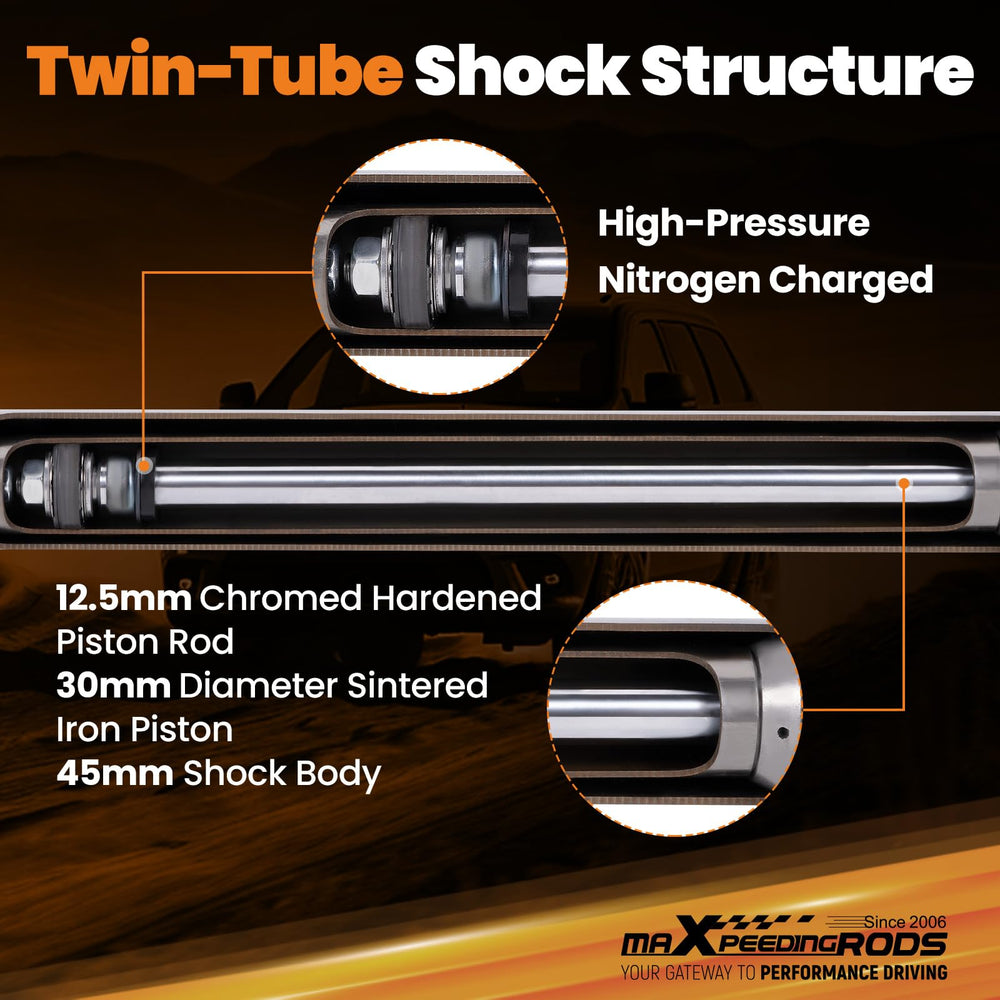 Nitrogen-charged twin-tube maXpeedingrods shock design details for lowered suspensions.