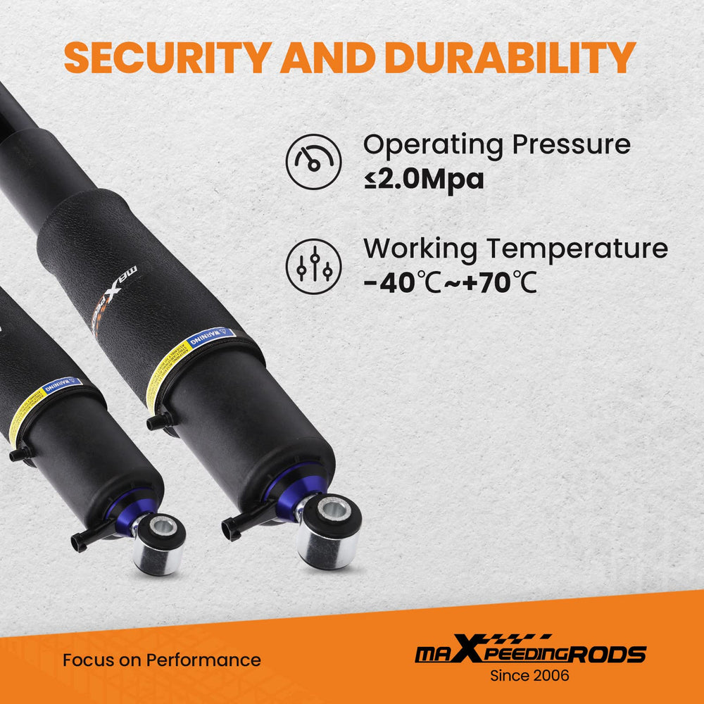 maXpeedingrods rear air shock design highlights easy install and durability.