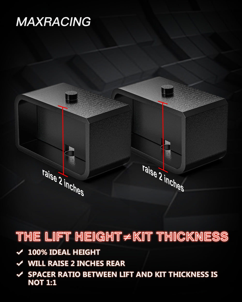 MAXRACING rear lift blocks maintain OEM ride feel while increasing ground clearance on trucks