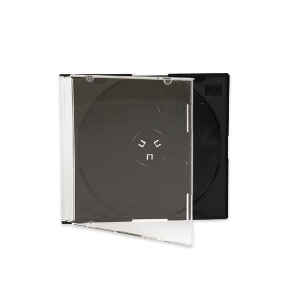 Inside view shows built-in black tray securing the disc and inserts